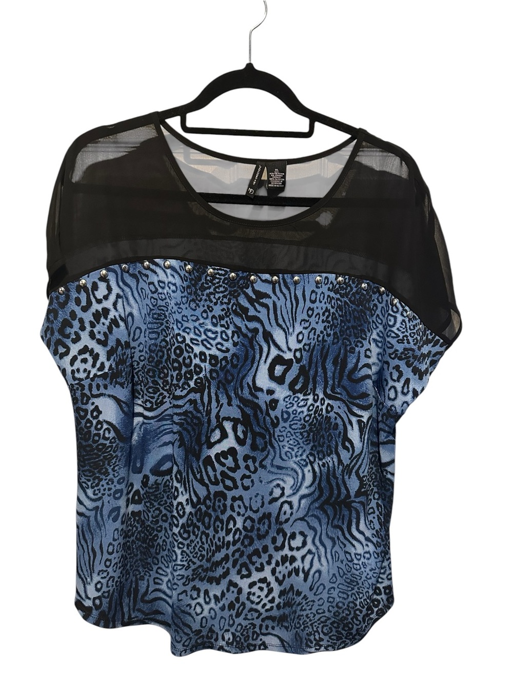 New Directions Blue Animal Print Blouse with Stud Accents